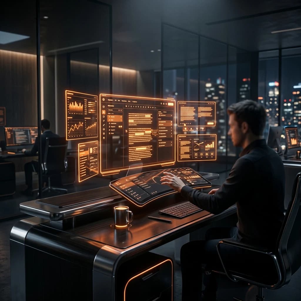 High-fidelity 3D render of a futuristic editorial desk with glowing orange holographic text interfaces