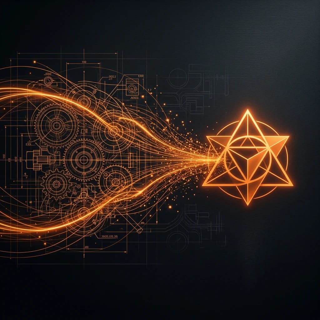 3D rendering of complex technical node network transforming into a clean minimalist orange brand logo structure on dark glass