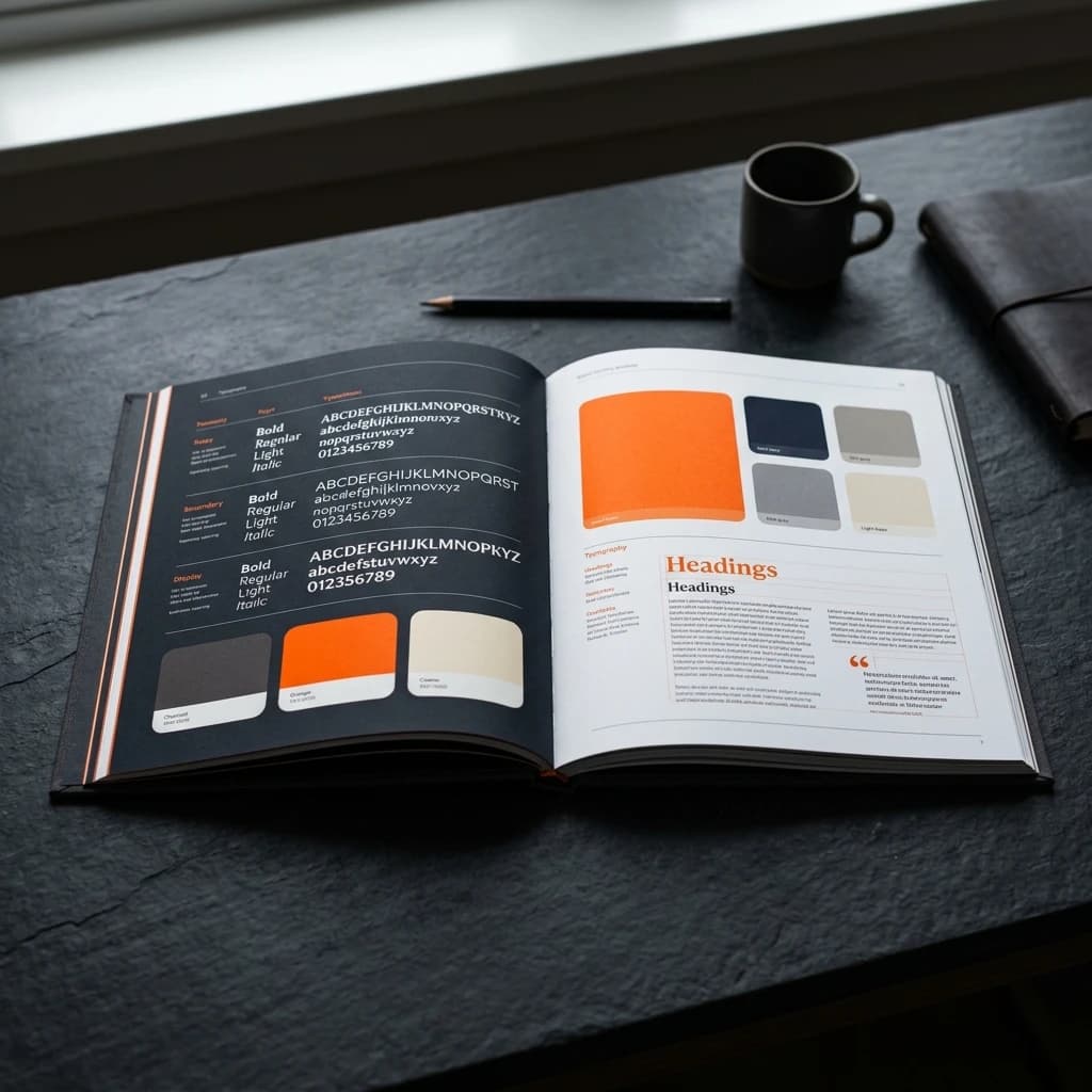 Architectural 3D render of an enterprise brand identity design system layout with orange accents