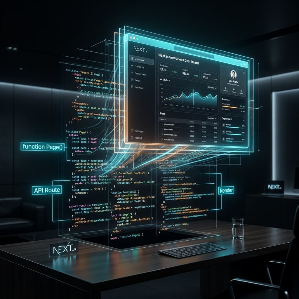 High-tech architectural 3D render of a web code matrix above a dark minimalist desk with orange lighting