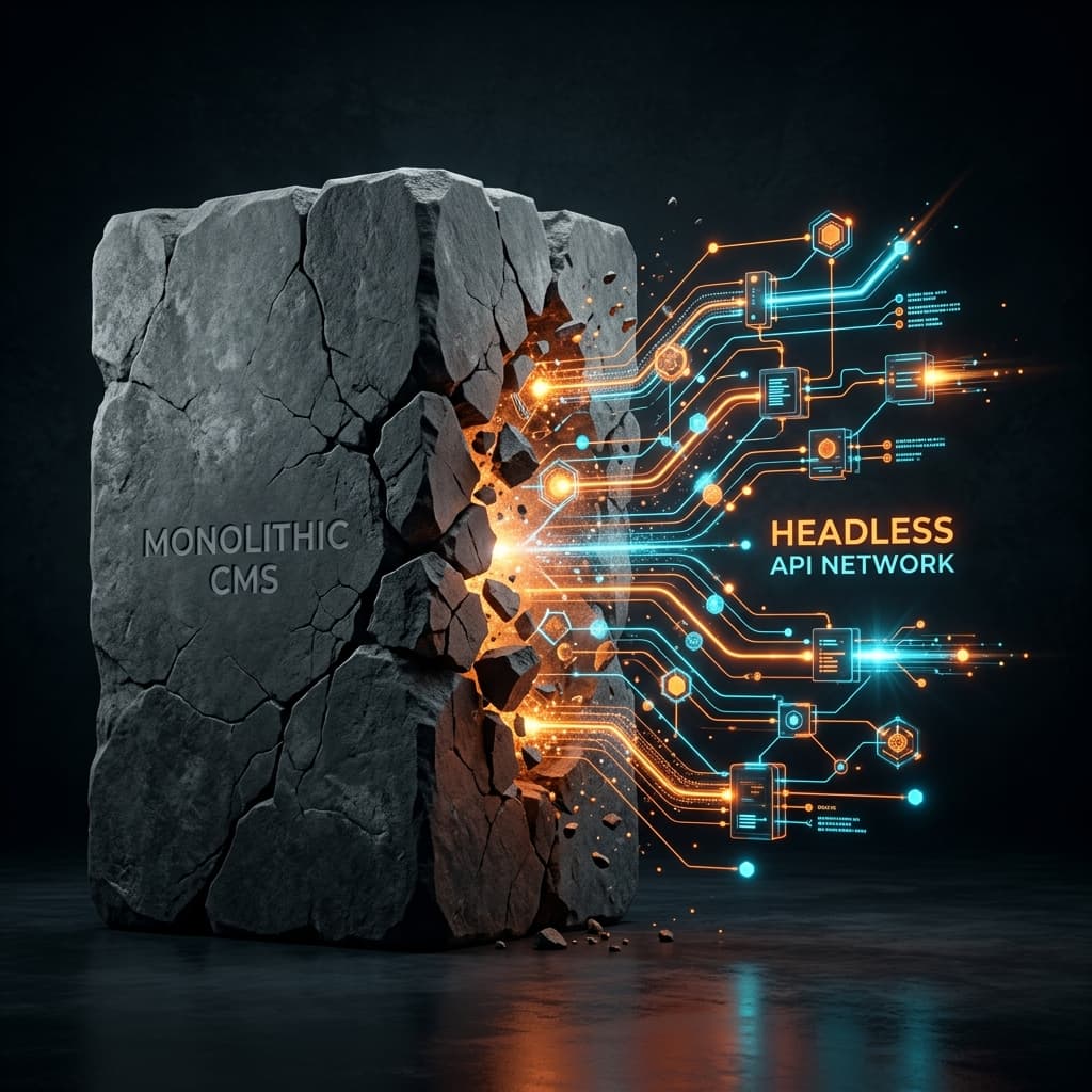 Minimalist 3D comparison render showing a modular decoupled cloud API architecture versus a monolithic block