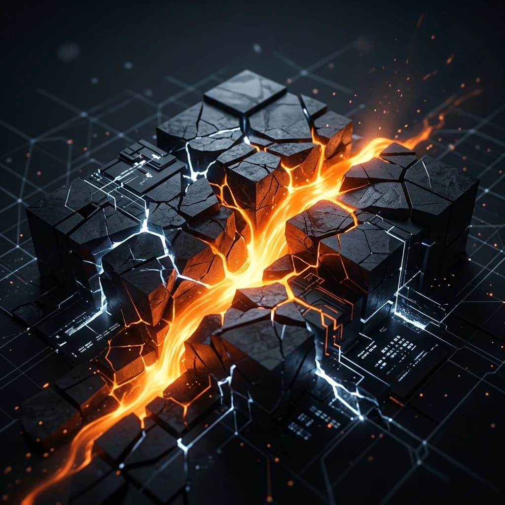 Minimalist conceptual composition showing a dark polished stone maze with a glowing orange path leading out