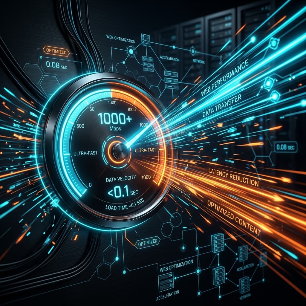 Sleek 3D speed performance gauge indicating 99 Lighthouse performance score and 0.2s load time on dark translucent container