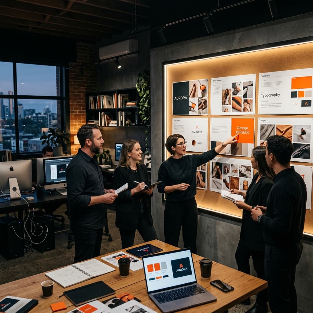 Creative team reviewing brand identity mood boards and design directions in a modern studio environment