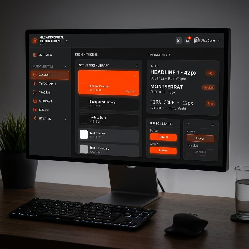Glowing digital dark mode design tokens interface