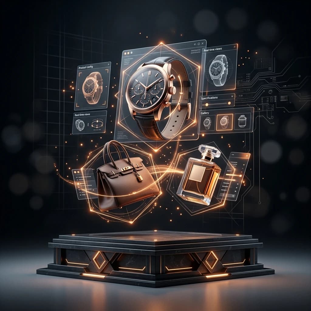 Luxury 3D product showcase card with glowing orange accents on dark background