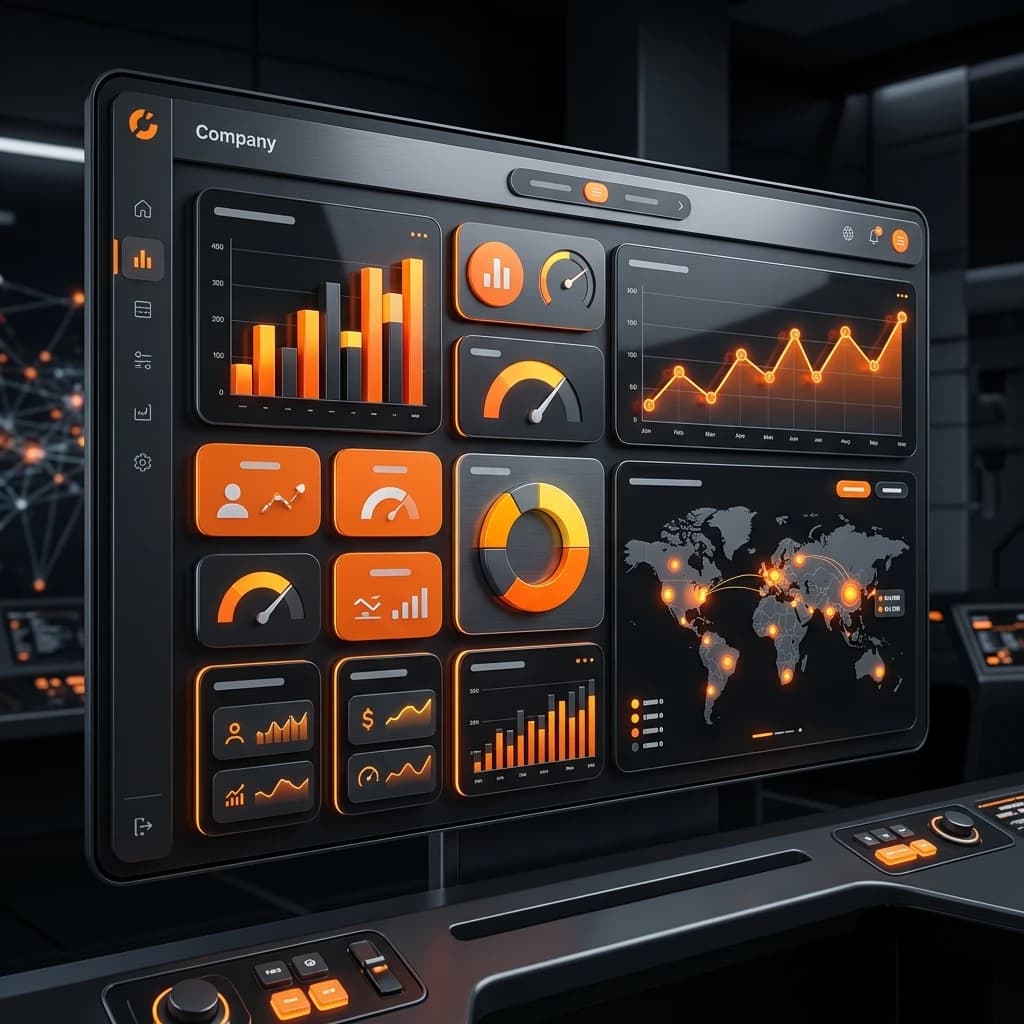 Enterprise analytics dashboard layout with Bento cards and glowing line charts on dark UI surface