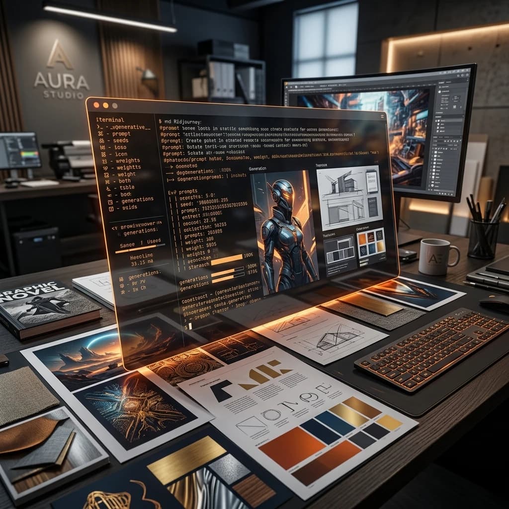 Conceptual visualization of a Midjourney prompt terminal interface overlapping with high-fidelity graphic design assets