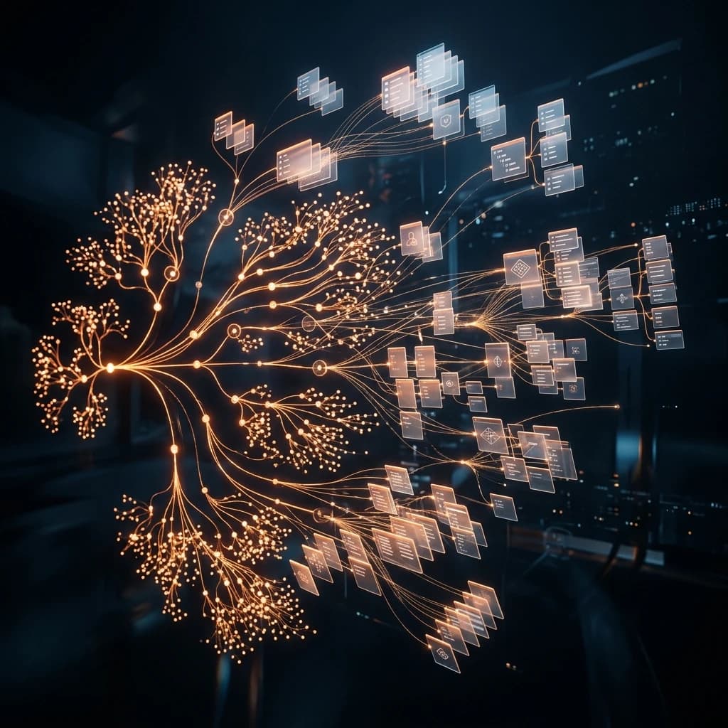 3D tree diagram of complex SaaS information architecture taxonomy on dark background