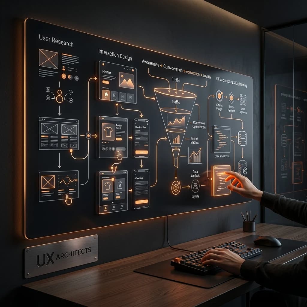 Architectural UI UX product design layout with glowing orange interaction states on dark background