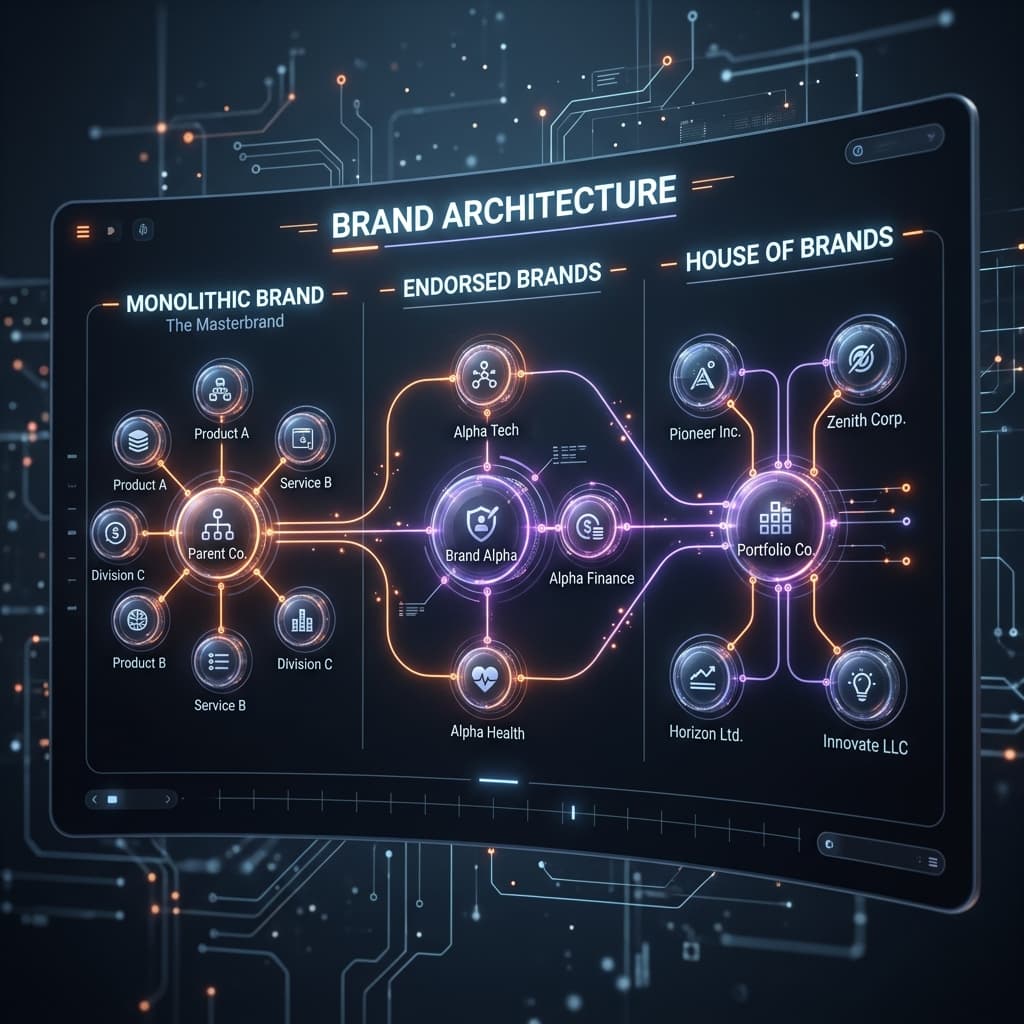 High-fidelity diagram comparing monolithic brand architecture to endorsed and house of brand models, utilizing ASTRELL dark mode styling