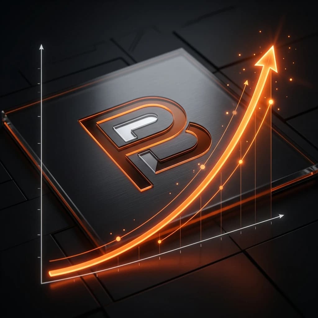 3D financial growth line chart integrated into a sleek dark UI dashboard card with orange accent