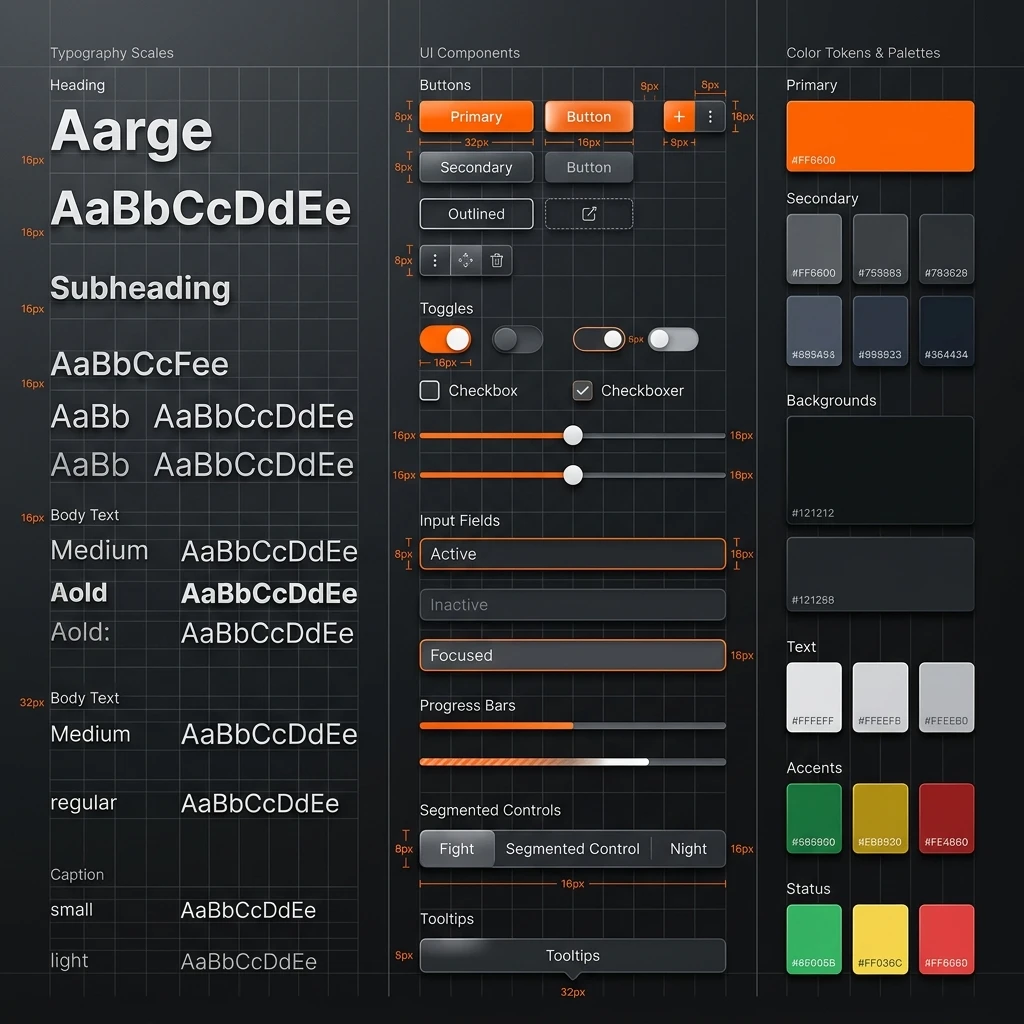 Architectural design system documentation mockup displaying brand guidelines typography scales and color swatch tokens