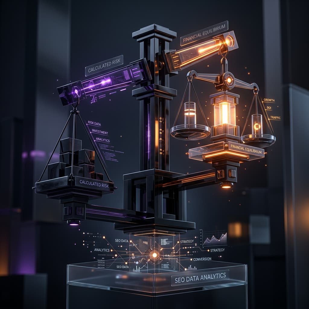 Abstract 3D architectural render of interlocking obsidian balance scales with orange indicators on dark background