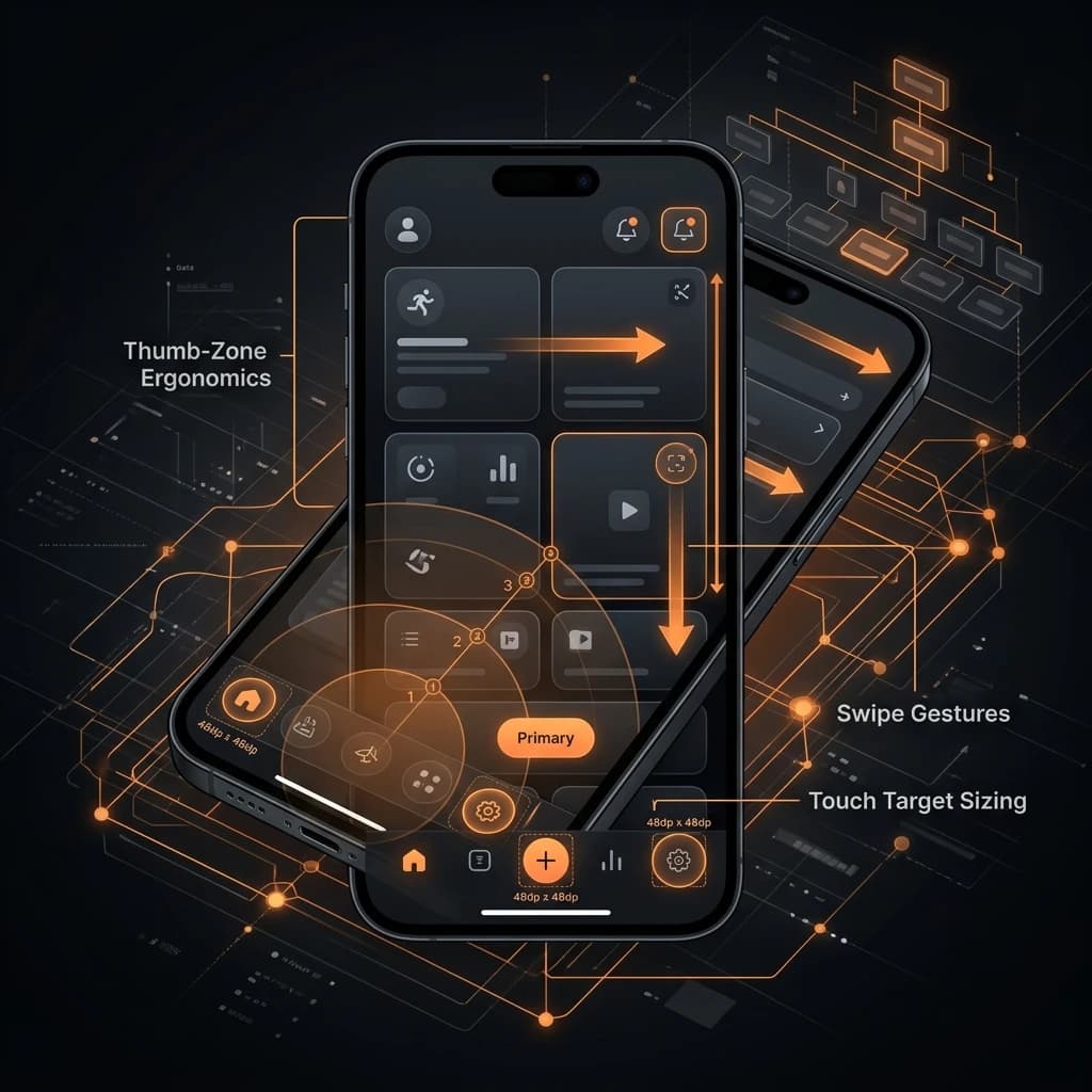 Mobile interface layout showing ergonomic thumb zone reach mapping on dark glass device display