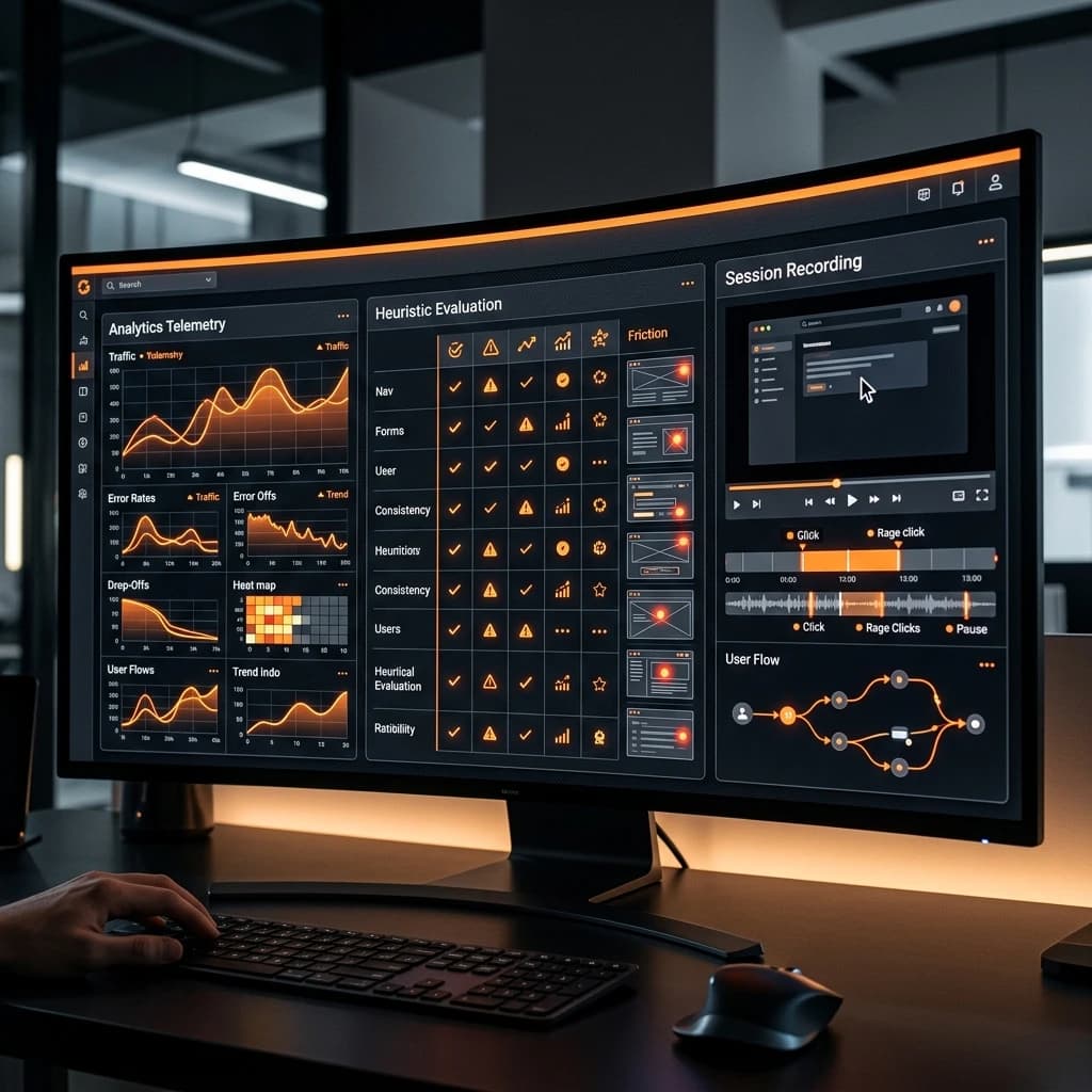 UX audit analytics telemetry breakdown card on dark UI layout