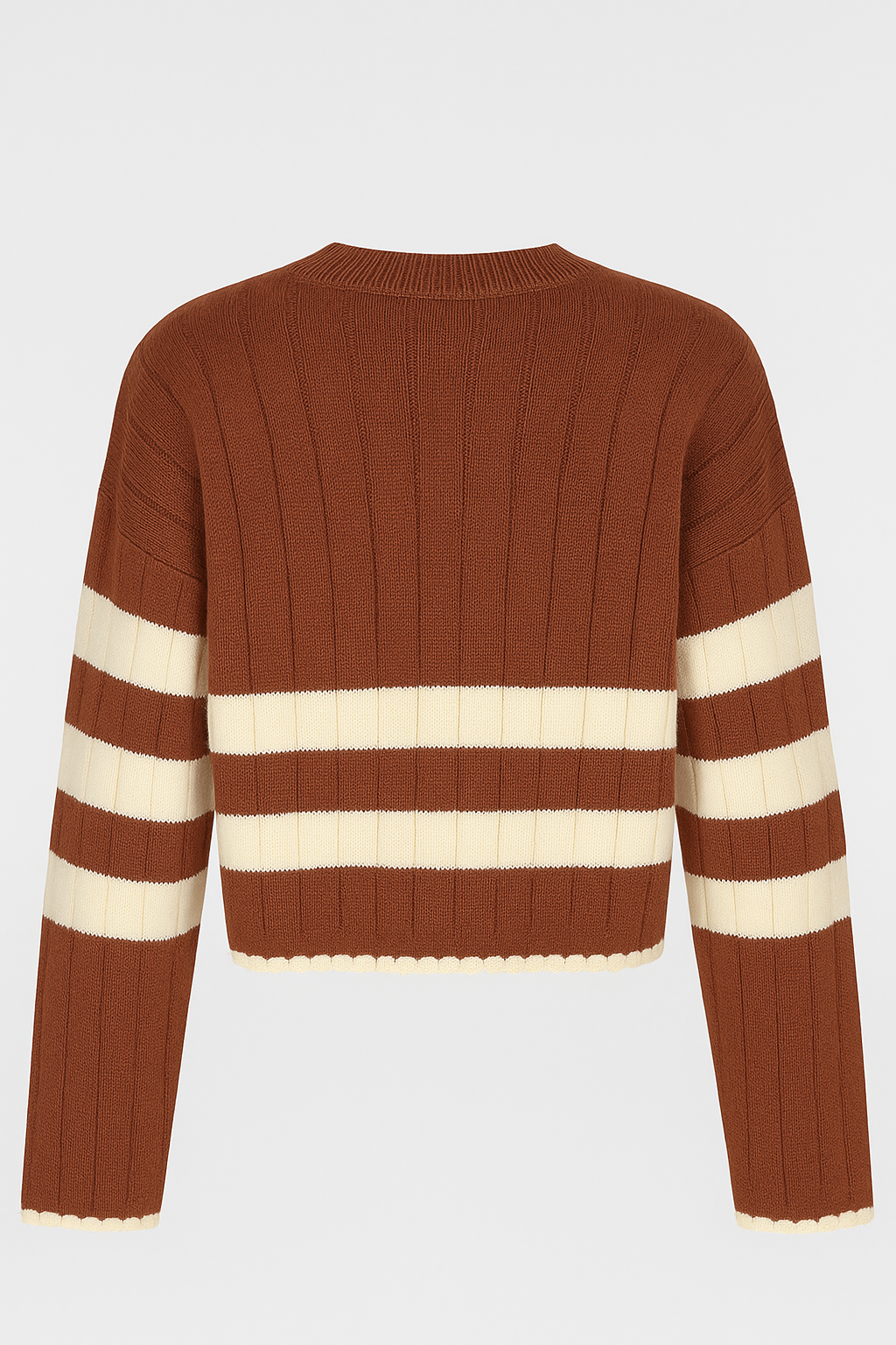Brown Striped Crew Neck Sweater in Fine Knit with Long Sleeves