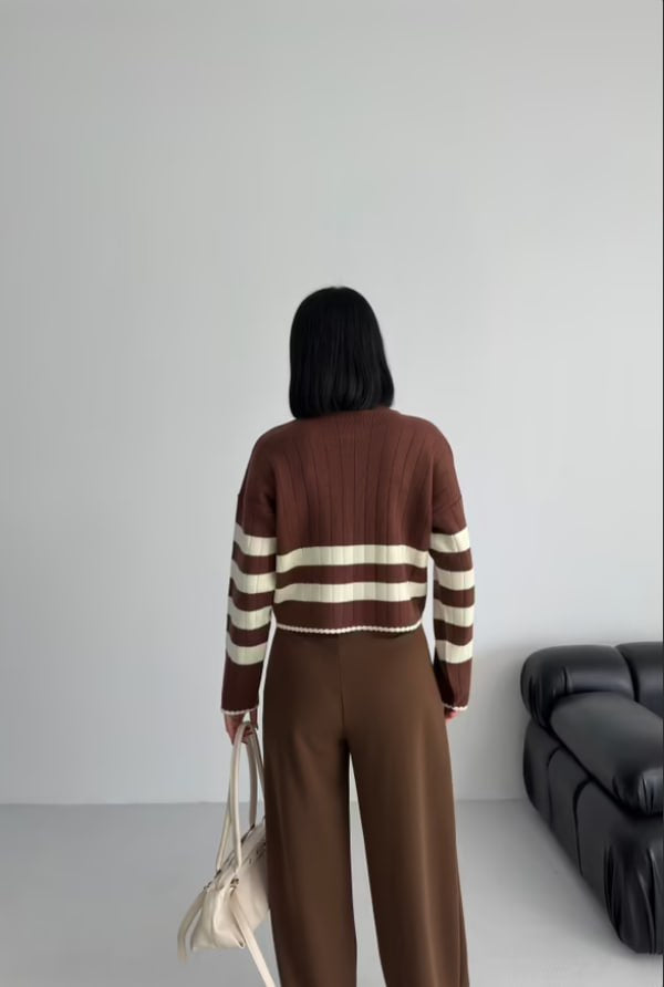 Brown Striped Crew Neck Sweater in Fine Knit with Long Sleeves