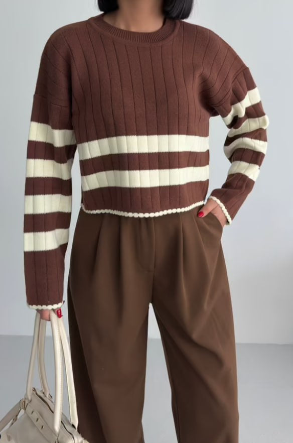 Brown Striped Crew Neck Sweater in Fine Knit with Long Sleeves
