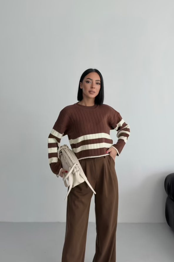 Brown Striped Crew Neck Sweater in Fine Knit with Long Sleeves