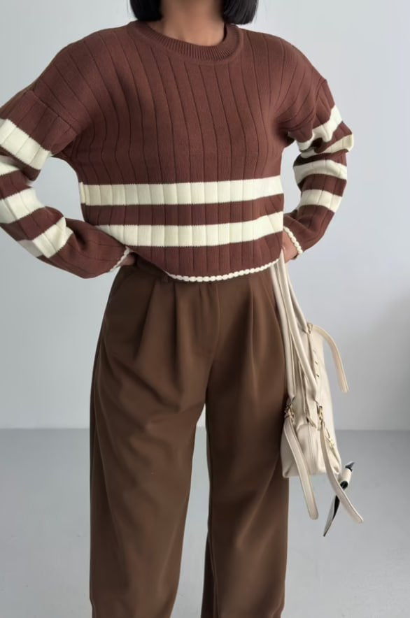Brown Striped Crew Neck Sweater in Fine Knit with Long Sleeves