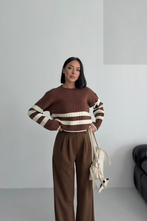Brown Striped Crew Neck Sweater in Fine Knit with Long Sleeves
