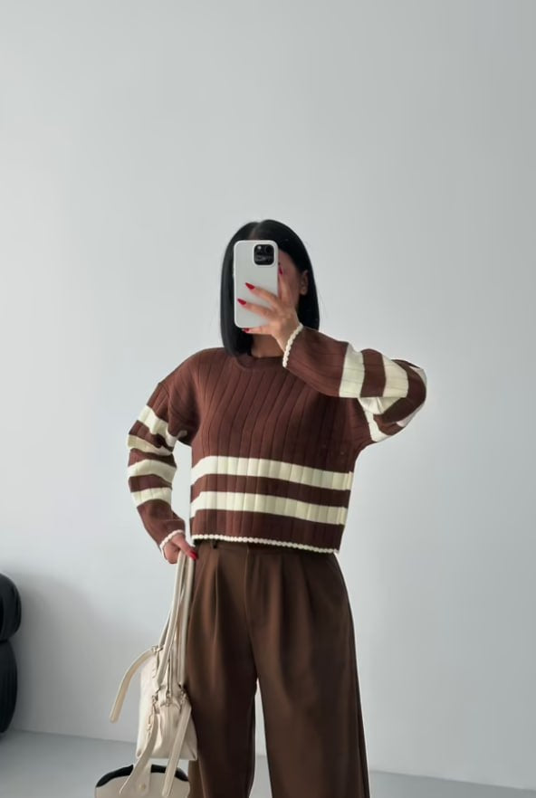 Brown Striped Crew Neck Sweater in Fine Knit with Long Sleeves