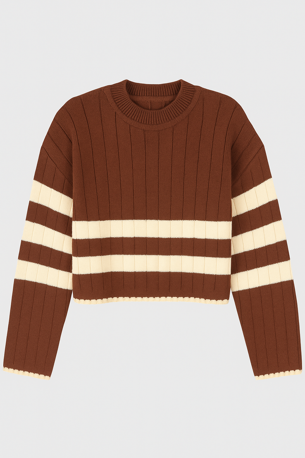 Brown Striped Crew Neck Sweater in Fine Knit with Long Sleeves