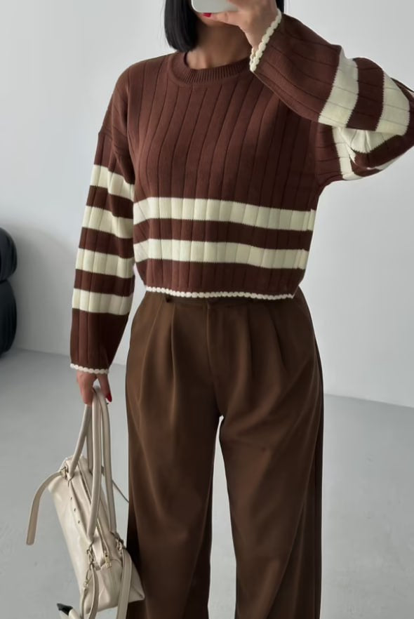 Brown Striped Crew Neck Sweater in Fine Knit with Long Sleeves